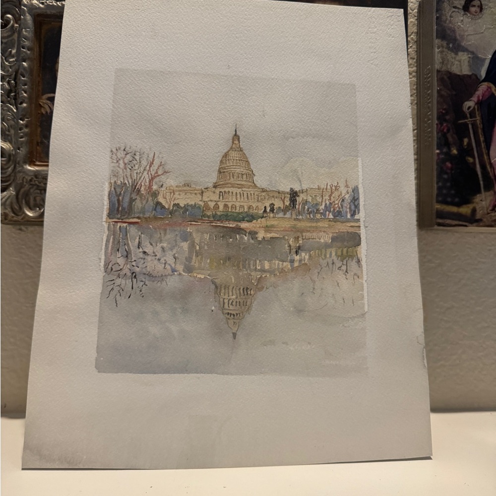 Original Watercolor Painting‎ of U.S. Capitol with Reflecting Pool, Unsigned